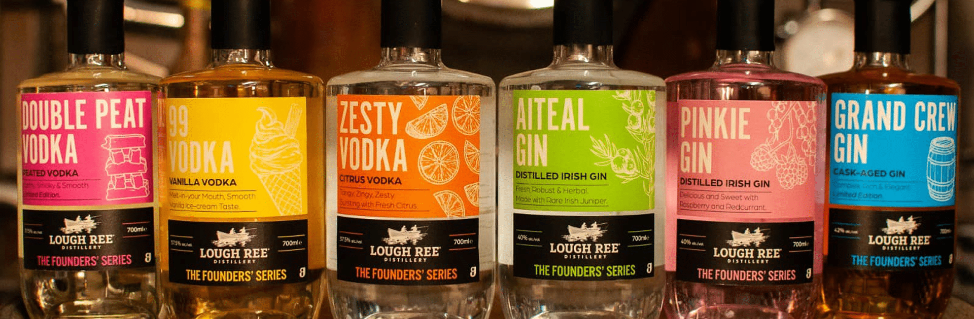 Irish gin bottles with coloured labels - Lough Ree Distillery